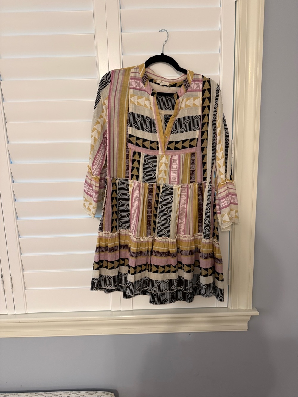 Boho Tiered V-Neck Dress in Pink, Black & Gold